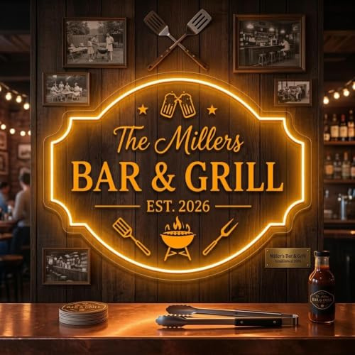 Individuelles Neon-Schild „Bar & Grill“, personalisierte BBQ-Wanddeko, Leuchtschild für die Männerhöhle