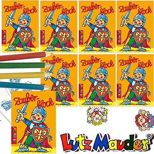 Lutz Mauder - 8 x Zauberblöckchen * Ritter * in DIN A8 Plus Buntstifte im Set | Zauberblock Mitgebsel für Kindergeburtstag | Mittelalter Schwert