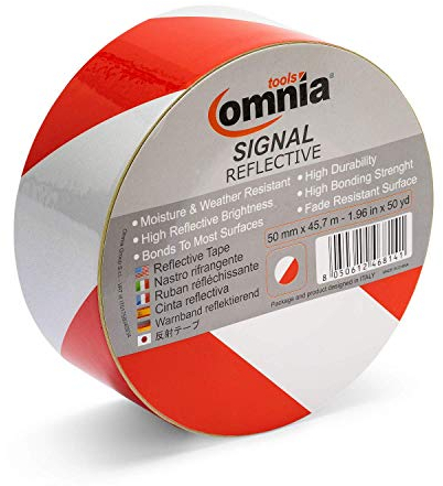 OMNIA TOOLS Signal Signalreflektierendes Band | Hi Vis Selbstklebendes Reflektorband | Für Sicherheit, Sicherheit, Warnung, Gute Sicht Bei Nacht | Rot/Weiß, 0,12 mm, 50 mm x 45,7 m
