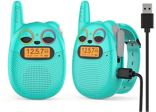 Rechargeable Kids Walkie Talkies with FM Radio, Long Range 2 Way Radio 8CH | Twinkling LED Eyes, VOX, Wearable Watch Walkies Talkies with Watch Strap Toys for Kids Bicycling, Hiking, Camping, Running