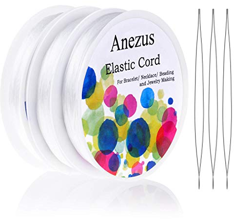 Anezus - Corda elastica per bracciali, 3 rotoli di corda elastica per gioielli con 3 aghi grandi per perline per pony, bracciali e creazione di gioielli