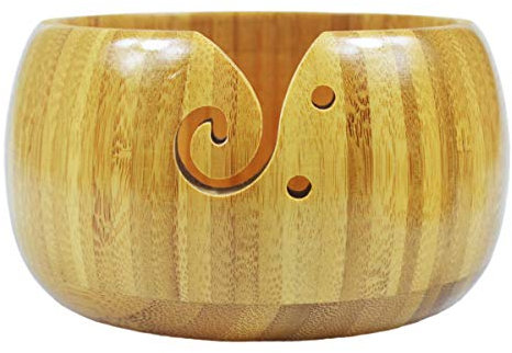 Large Yarn Bowl, MKNZOME 6.3 Inches Wooden Crafted Wooden Portable Yarn Storage Bowl Knitting Crochet Accessories Wool Holder with Carved Holes & Drills for Crochet Knitting Home Decor