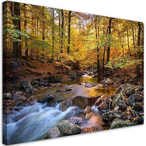 Feeby Vlies Leinwandbilder - Canvas - Wald Herbst Bach Natur - Deko Wohnzimmer 120x80 1tlg - Wandbilder Schlafzimmer - Aesthetic Room Decor - Wanddeko - Bild auf Vlies Leinwand - Gespannd