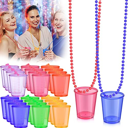 Hinly 48 Packs Shot Glasses With Necklace - Bulk Bachelorette Cups for Birthday, Bride - Plastic Glass on Beaded Necklace for Christmas Halloween Party, 6 Colors