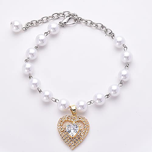 RayMinsino Haustier-Halskette mit Herz- und Katzenperlen und glänzenden Edelsteinen, Perlen-Strass-Halsband für kleine Katzen und Hunde, Hochzeitsschmuck