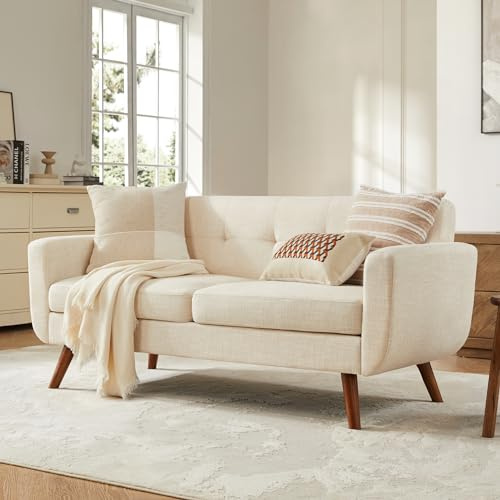 Tbfit 65 W Loveseat Sofa, Mid Century Modern Decor Love Seat Couches for Living Room, Button Tufted Upholstered Small Couch for Bedroom, Solid and Easy to Install Love Seats Furniture, Beige
