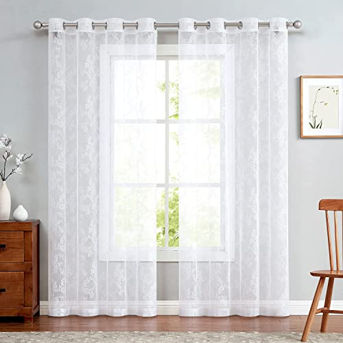 TOPICK Lace Gardinen Transparent Vorhänge H 245 x B 150 (cm) 2er Set Schal Rose Gardine mit Ösen Durchsichtig Vorhang für Wohnzimmer Esszimmer Schlafzimmer Weiß