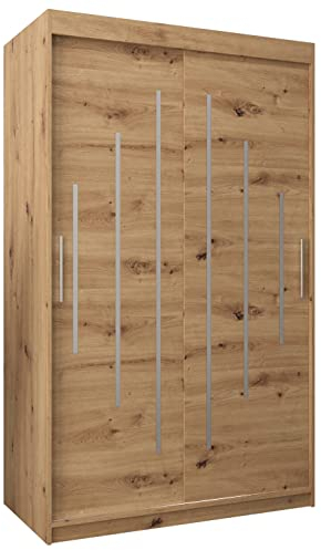 Kryspol Schwebetürenschrank York 120 cm Kleiderschrank mit Kleiderstange und Einlegeboden Schlafzimmer- Wohnzimmerschrank Schiebetüren Modern Design (Artisan Eiche)