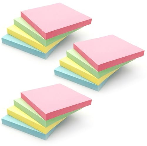 1200 Pastel Colours Removable Sticky Post Notes 76x76mm 3 x 4 Pads of 100 Sheets - Blue, Pink, Green, Yellow