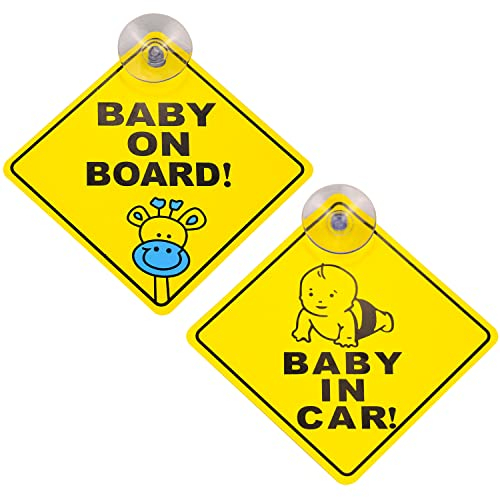 Eruinfang 2 Stück Baby on Board Aufkleber Wasserdicht Baby Auto Aufkleber Baby on Board Schild Baby an Bord Auto Aufkleber Warnschild Baby in Car Mit Saugnapf, Gelb, 12.5*12.5cm