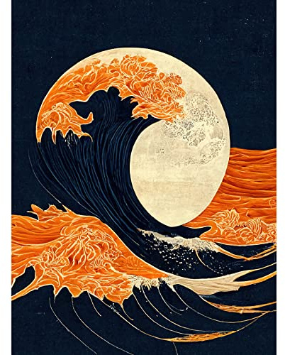 Wee Blue Coo The Great Wave at Full Moon Modern Japanese Seascape Woodblock Unframed Wall Art Print Poster Home Decor Premium