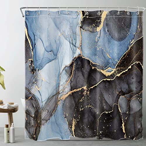 LB Schwarzer und Blauer Marmor Duschvorhang 120x175cm Moderne Luxus Geometrisch Antischimmel Wasserdicht Badezimmer Vorhänge, Gold gestreift Extra Kurz Polyester Stoff Bad Vorhang mit Haken