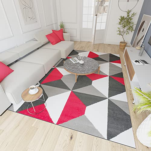 Mazovia Teppich Wohnzimmer 140x200cm Rot Anthrazit Geometrisch Weich | Teppich für Schlafzimmer Büro Esszimmer Pflegeleicht Fußbodenheizungsgeeignet Reinigungsmittelbeständig Kurzflor Synthetisch