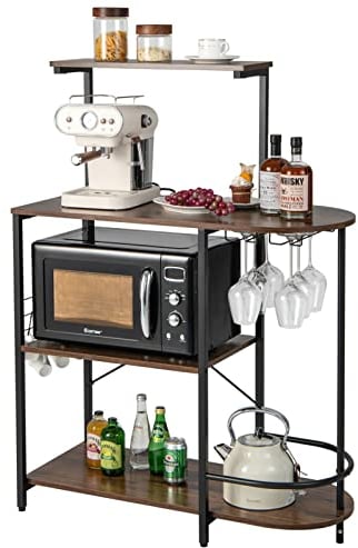 COSTWAY 4-Tier Kitchen Baker's Rack, Industrial Microwave Oven Stand with Detachable Top Shelf, Glass Holder, 6 S-Hooks and Adjustabel Foot Pads, Standing Coffee Bar Table Station, 90x42x124cm
