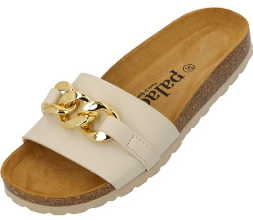 Palado Pantoletten Damen Gozo - bequeme Sandalen Made in Spain - Hausschuhe mit dämpfendem Kork-Fußbett - modische Sommerschuhe beige UK8 - EU41