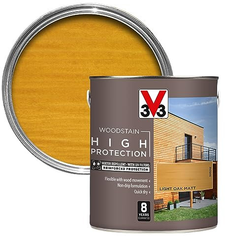 V33 High Protection Woodstain - 8-Year Guarantee - UV Filters - Water-Repellent - Quick-Drying - Only 2 Coats - Light Oak Matt 2.5 litres