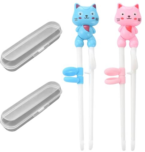 Kids Chopsticks, 2 Pcs Kids Chopsticks Training Cartoon Animals Chopsticks for Kids with Case Right Or Left Hand Reusable Kids Training Chopstick Helper for Beginners (Cat)