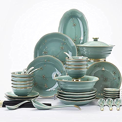 Dinnerware Set for Home or Special Restaurant, 55 Piece Luxurious China Dinnerware Set for 8~10 People, Dinner Plates and Bowls Sets, Hand-Painted Winter Plum Dishes Sets