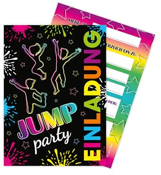 Limonia 12 Einladungskarten zum Kindergeburtstag Motto Jump-Party Trampolin neon Feier Fest Einladung Set Geburtstag Mädchen Kinder Jungs Jungen Boys Teenies Unisex