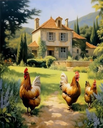 ZMHZMY Peinture par Numéros pour Adultes Maison de campagne, pelouse, poulets, Kits de Peinture par Numero sur Toile 40x50cm sans Cadre