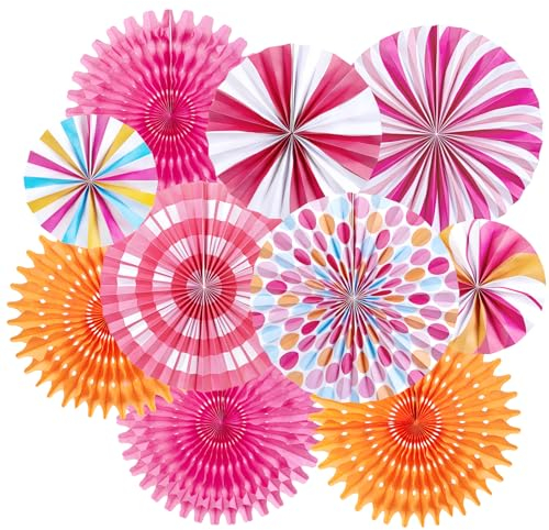 Homarkable 10 Stück Papierfächer Set in Pink & Orange - Süßigkeiten-Muster Candy-Theme Deko für Geburtstag, Gartenparty & Candy-Bar