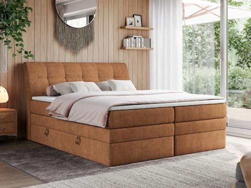 MKS MEBLE King Boxspringbett 160x200, Polsterbett 160x200 mit Bettkasten, Bett 160x200 mit Multipocket-Matratze H3, Boxspringbett 160x200 mit Kopfteil und Topper - H3 Orange Strukture - Gold-10