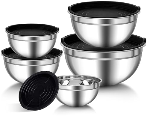 Cuencos para mezclar, 5 piezas Ensaladera de Acero Inoxidable con Tapas hermética, 5 tamaños - 0.7L/ 1.1L/ 1.5L/ 2.7L/ 4.5L, Apilable y apto para lavavajillas, Cuencos Cocina para Repostería