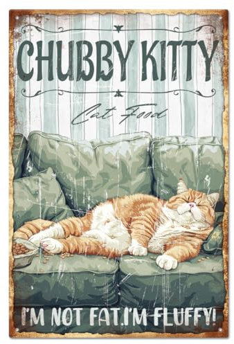 GLOBLELAND Vintage Fat Cat Metallschild 12x8 Zoll Retro Moppeliger Kätzchen Lustiges Zinnschild Türschild Zinn Gemälde Kunsttafel Poster Wanddekoration Für Zuhause Club Dekoration