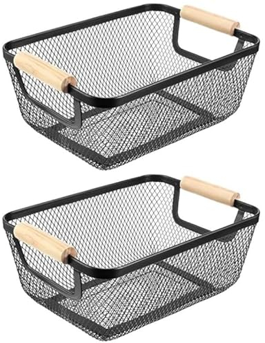 Cestas De Alambre, 2PC Cestas De Almacenamiento De Metal Negro Cesta De Cocina Con Asas De Madera Frutas Organizador Colgante Multifuncional Cestas De Estante Para Cocina Despensa Baño Dormitorio