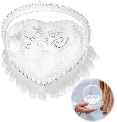 QIUMING cuscino per fedi nuziali a forma di cuore Romantico Scatola per Fedi Nuziali Cuscino per Anelli Nuziali in Pizzo Anello Nuziale Cuscino Nastri Raso per Proposta di Matrimonio (LOVE)