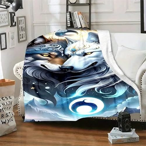Felldecke Wolf 3D Printdesign Couchdecke Warm Mikrofaser Wearable Doppelseitiger Decke 180 x 200 cm für Lesen, Lernen, Campen