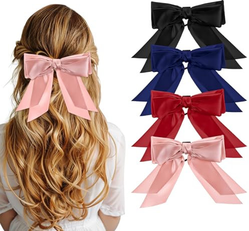 Tyqour 4 Stück Schleife Haargummi Französische Scrunchies mit Schleife Haarschmuck Kopfbedeckung Schleife Haarschmuck Schleife Haarband für Cheerleader Teen Schulmädchen Damen Mädchen