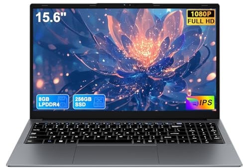 Ordinateur Portable 15,6 Pouces Win11Pro Celeron N5095 8Go RAM 256Go SSD Extension1To WIFI BT4.2 5000mAh Laptop HDMl PC Portable Souris sans Fil qwerty Clavier avec AZERTY Membrane du Clavier - Gris