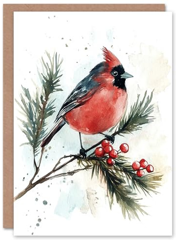 Artery8 Cardinal Bird Pine Tree Holly Berry Blank For Him Or Her Art Xmas Festive Christmas Card