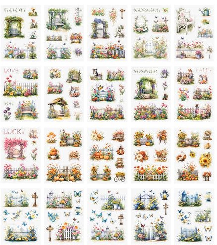 Scrapbook Aufkleber, 20 Blatt Garten Landschaft, Sticker, Wald, Fenster, Blumen, PET Aufklebers für Scrapbooking, Kartenherstellung, DIY