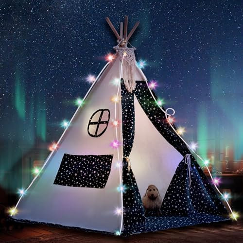 Tipi Zelt 120x120x160cm Spielzelt mit Filzkugel Indoor Spielhaus Mehrere Farben Segeltuch Tipizelt Lesezelt&Spielzimmer Kinderzelt (Stern)