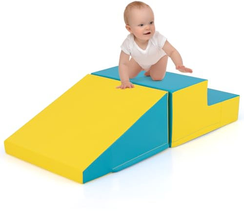 COSTWAY 2PCS Parcours Motricité Bébé en Mousse avec Housse Amovible en PU, Module Motricité Bébé avec Marche & Toboggan, Jouets Éducatifs pour Ramper Grimper pour Enfant d'Âge Préscolaire (Jaune+Vert)