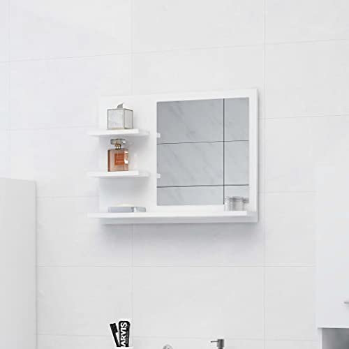 Myheimly Badspiegel, Wandschrank für Badezimmer, Badezimmerspiegel mit 3 Ablagen, Spiegel Schminkspiegel Bad Badmöbel, Holzwerkstoff Badspiegel,Hochglanz-Weiß