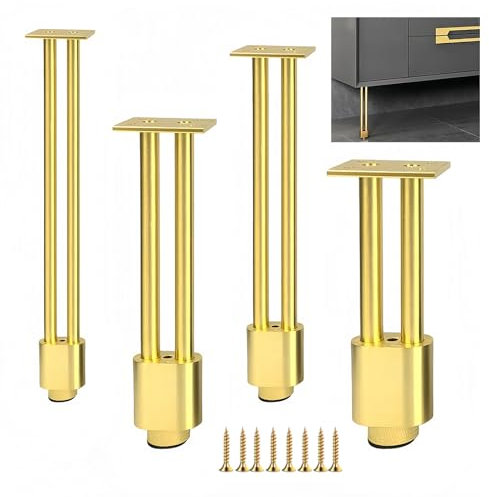 KMERCE Pieds de Meuble en Aluminium Allié - Pieds de Rechange métal pour Table, Armoire, Meuble de Salle de Bain, Canapé, lit - Support Solide et Durable (Doré, 25CM)