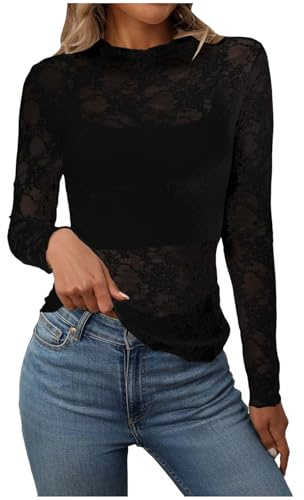 Durchsichtige Oberteil Damen Sheer Mesh Langarmshirt Top Sexy Spitzen Blumenmuster Stehkragen Netzoberteil Langarm Transparentes Layering Tops Frauen Casual Netz Shirts Bluse Tunika Party (Black, L)