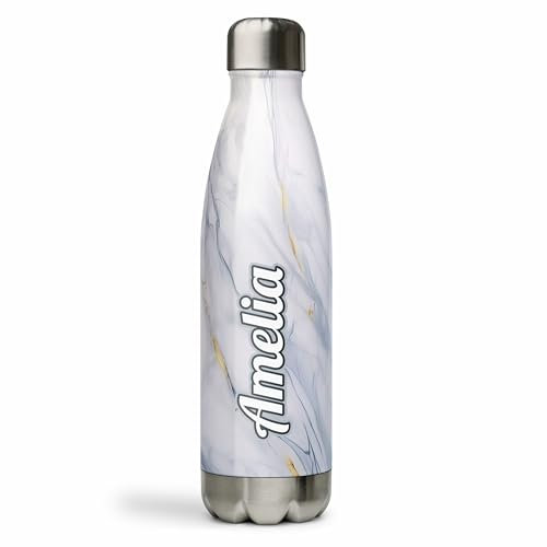 Personalised Marble Stainless Steel 500ml Water Bottle, Vacuum Insulated for Hot and Cold Drinks. Leakproof Double Wall. Drinking for Gym, Kids, Sports, Travel - Blue White Name