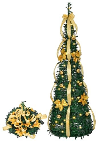 Pre-lit Artificial Christmas Tree,7 FT Fully Decorated Pop Up Artificial Xmas Tree with 100 Warm Lights for Indoor Outdoor Home Office Store Holiday Deco (7 FT with Golden Ornaments)