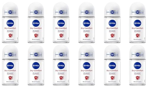 12x NIVEA Dry Comfort Deodorant Deo Roll-On Antitranspirant Deoroller mit Dual Active Formel mit langanhaltendem Anti-Transpirant mit Dual Active Formel, 0% Alkohol 72h schutz,50ml (12er Pack)