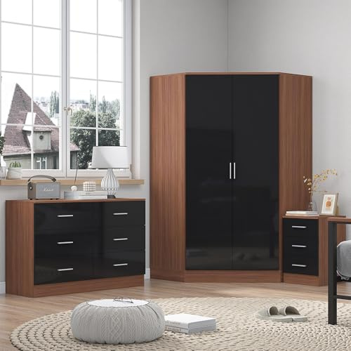 Reflect - 2 Door CORNER + 6 Drawer Chest + 3 Drawer Bedside - Gloss Black/Matt Walnut