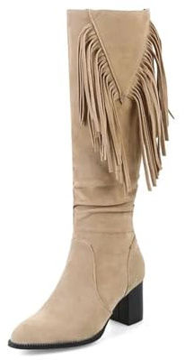 Scarpe in finta pelle scamosciata verde oliva beige con punta tonda Stivali da cowboy al ginocchio tacco alto donna frange di nappe(Beige,34)