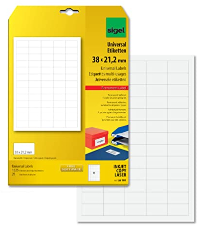SIGEL LA101 Mini-Etiketten selbstklebend, bedruckbar, weiß, z.B. Preisauszeichnung, 38 x 21,2 mm, 1625 Etiketten= 25 Blatt