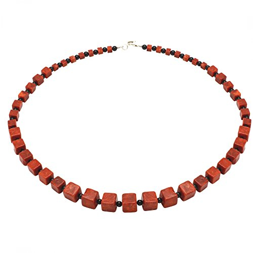 Halskette Collier im Verlauf aus Koralle Würfel Onyx 925 Silber rot-braun schwarz