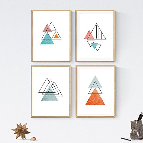 Nacnic Geometrische Poster 4-er Set. Nordischer Stil Wanddekoration Abbildung von stilvollen Dreiecken im Orange- und Blautönen. Verschiedene Skandinavische Stil Bilder ohne Rahmen. Größe A4.
