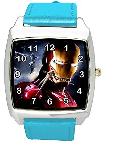 Taport® Iron Man Quarz-Armbanduhr, quadratisch, blaues Echtleder-Armband, inklusive Ersatzakku und Geschenkbeutel