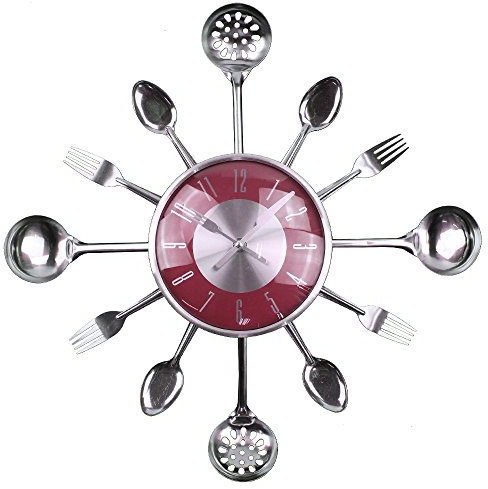Timelike Wall Clock, 18 Metal Cutlery Utensil Kitchen Spoon Fork Wall Clock Creative Modern Home Decor Antique Style Wall Watch (Red)